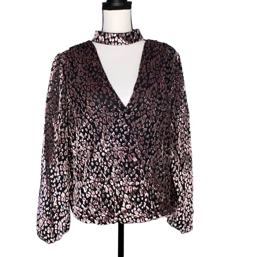 WHBM Floral Pattern Blouse with Choker Large Velvet V Neck Black Pink Party